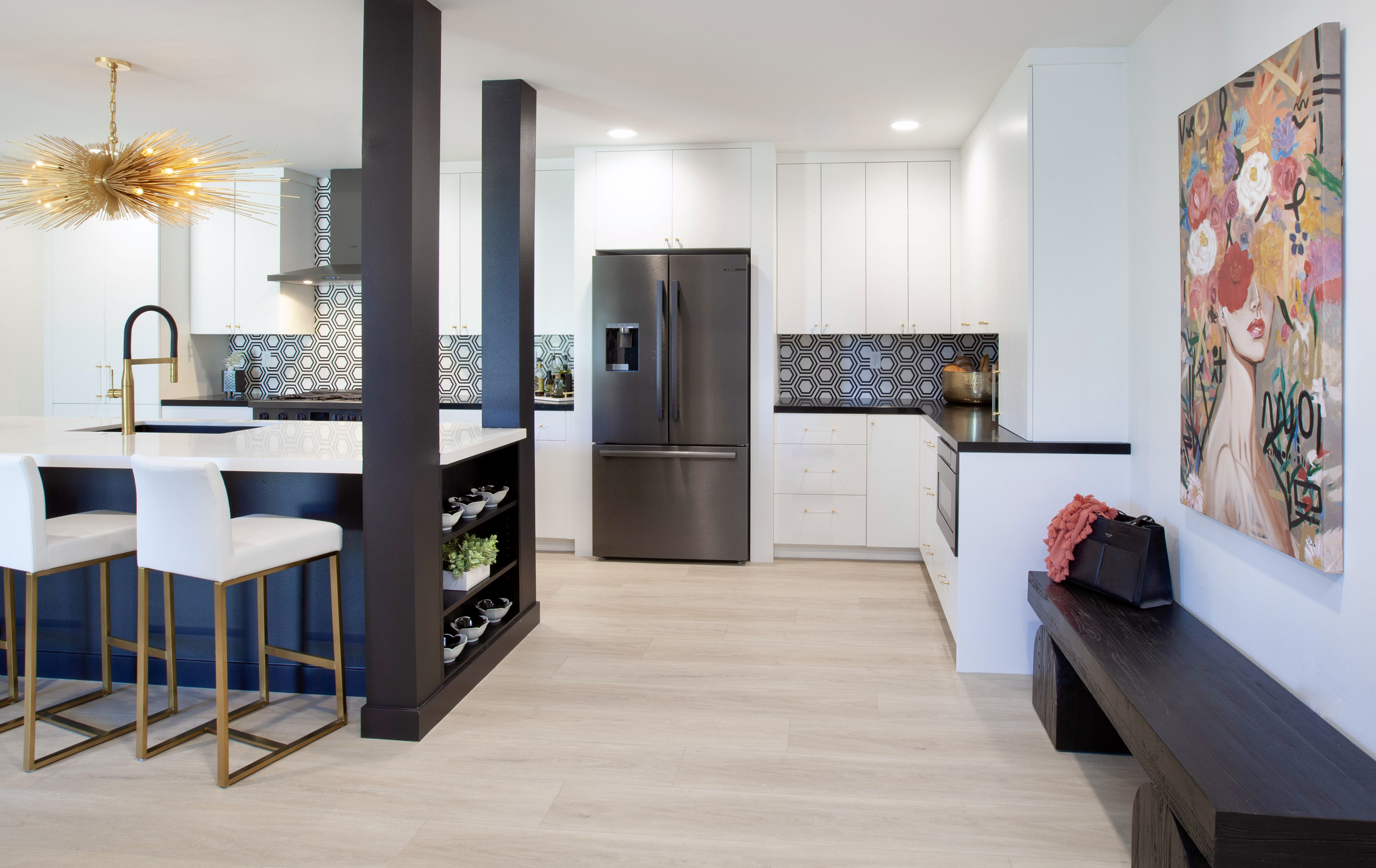 Desert Horizons Residence — wide angle from hallway showing full kitchen depth and open plan flow